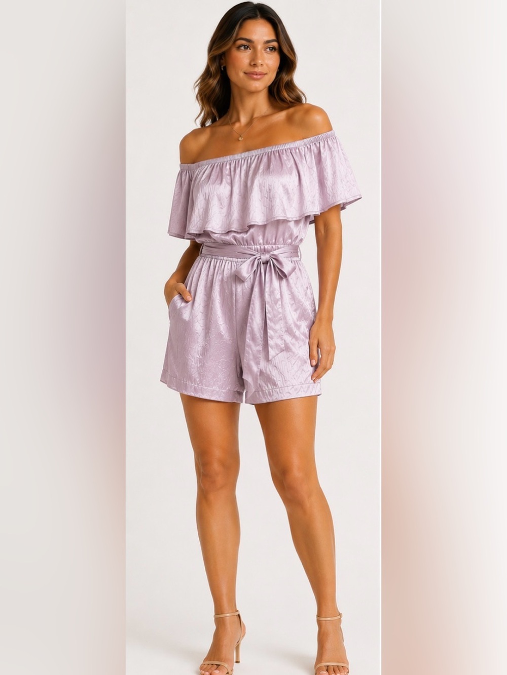 Lavender Off-Shoulder Tie-Waist Romper